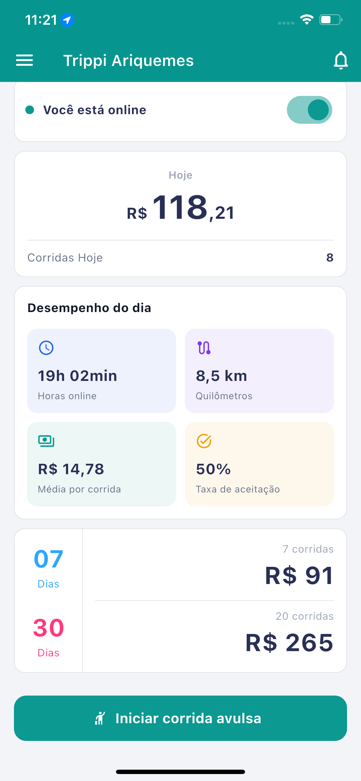 Tela do aplicativo Trippi para motoristas